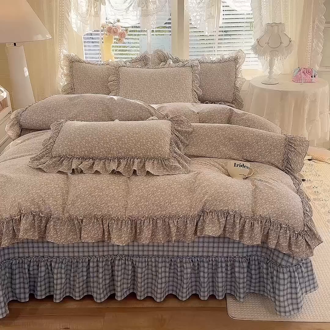 91家纺网 家纺一手货源 找家纺 韩约家纺 2026新款法式大花边古法棉感床盖四件套 靓彩