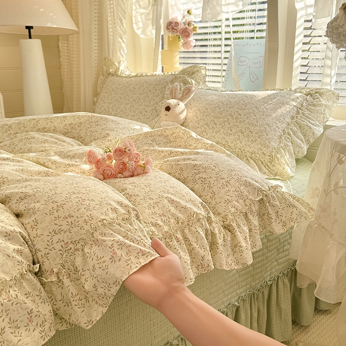 韩约家纺 2026新款法式大花边古法棉感床盖四件套 轻颜