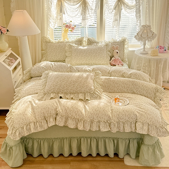 91家纺网 家纺一手货源 找家纺 韩约家纺 2026新款法式大花边古法棉感床盖四件套 轻颜