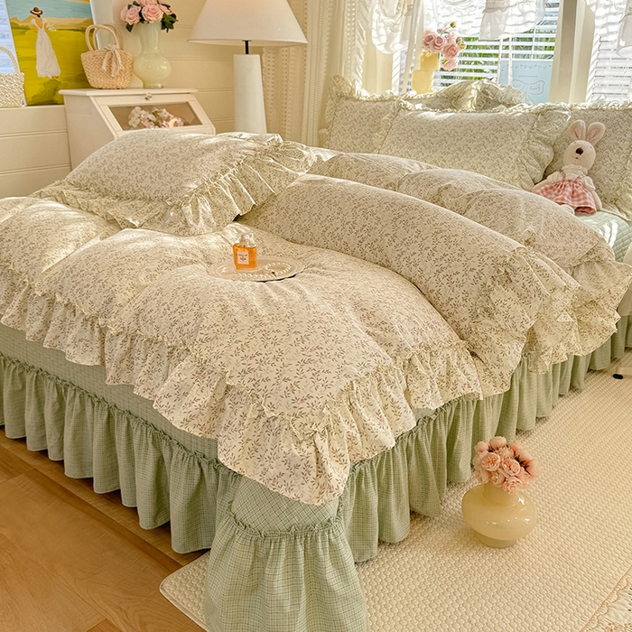 91家纺网 家纺一手货源 找家纺 韩约家纺 2026新款法式大花边古法棉感床盖四件套 轻颜