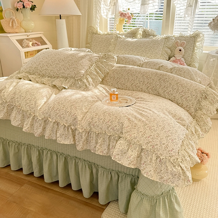 91家纺网 家纺一手货源 找家纺 韩约家纺 2026新款法式大花边古法棉感床盖四件套 轻颜