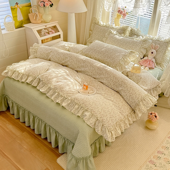 91家纺网 家纺一手货源 找家纺 韩约家纺 2026新款法式大花边古法棉感床盖四件套 轻颜