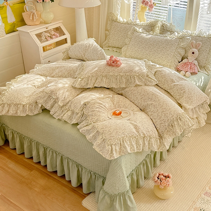 91家纺网 家纺一手货源 找家纺 韩约家纺 2026新款法式大花边古法棉感床盖四件套 轻颜