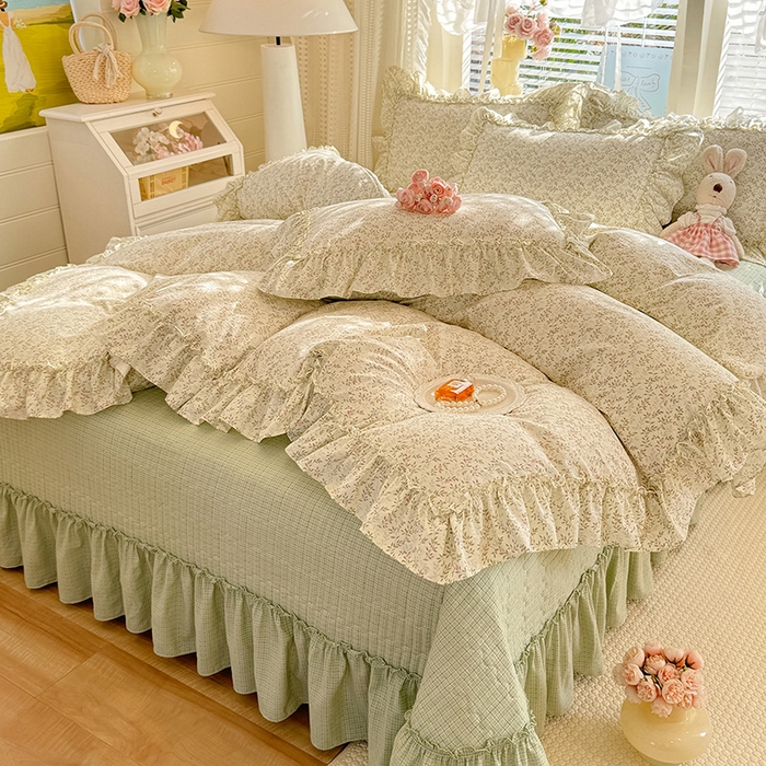 91家纺网 家纺一手货源 找家纺 韩约家纺 2026新款法式大花边古法棉感床盖四件套 轻颜