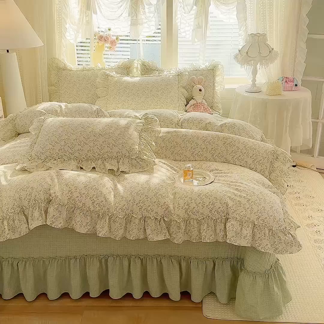 91家纺网 家纺一手货源 找家纺 韩约家纺 2026新款法式大花边古法棉感床盖四件套 轻颜