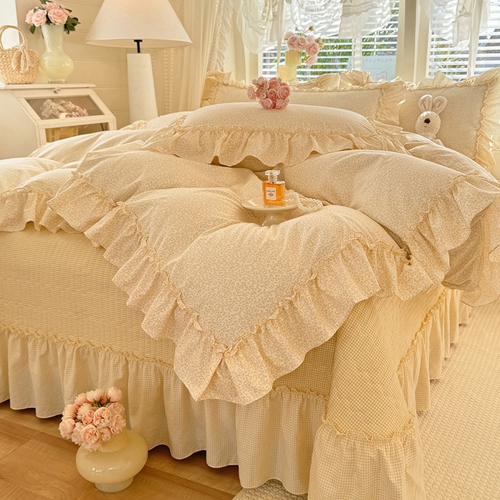 91家纺网 家纺一手货源 找家纺 韩约家纺 2026新款法式大花边古法棉感床盖四件套 思绪