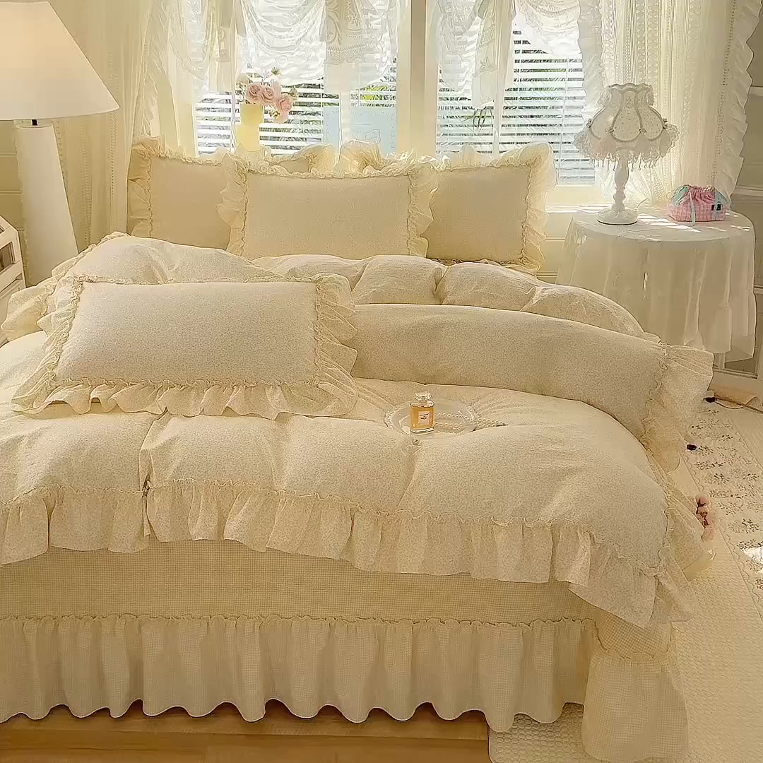 91家纺网 家纺一手货源 找家纺 韩约家纺 2026新款法式大花边古法棉感床盖四件套 思绪