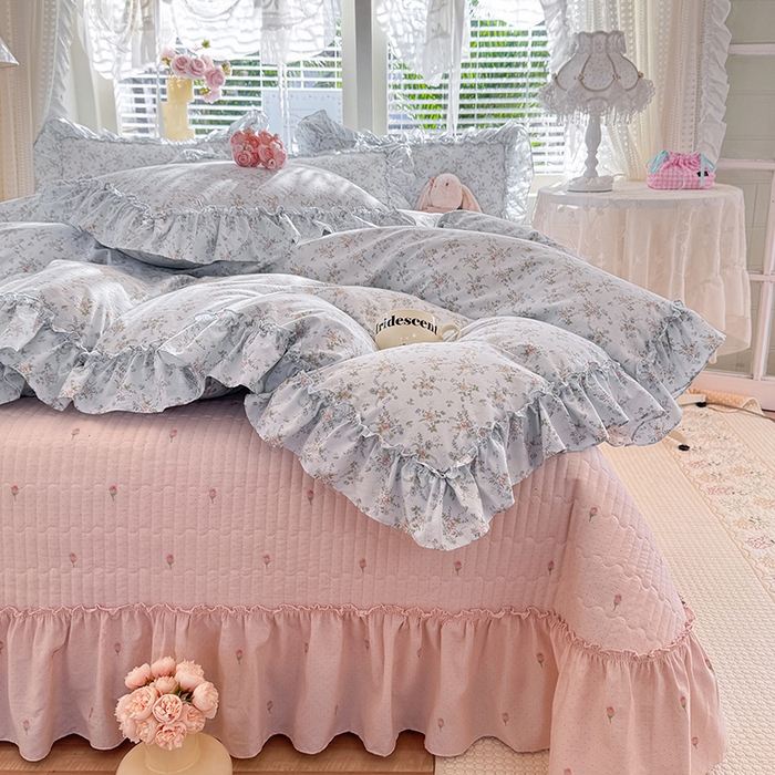 91家纺网 家纺一手货源 找家纺 韩约家纺 2026新款法式大花边古法棉感床盖四件套 香兰