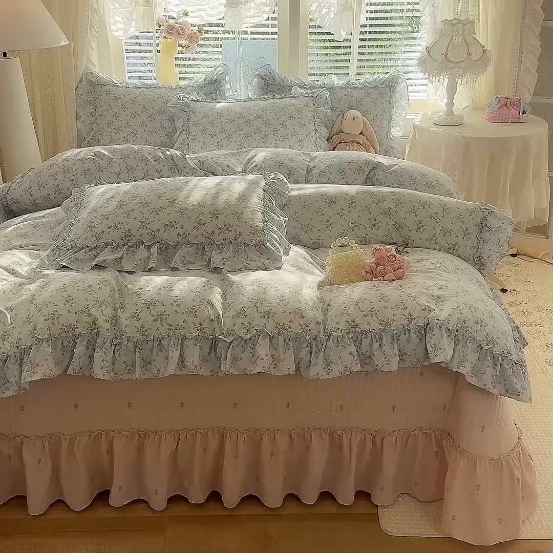 91家纺网 家纺一手货源 找家纺 韩约家纺 2026新款法式大花边古法棉感床盖四件套 香兰