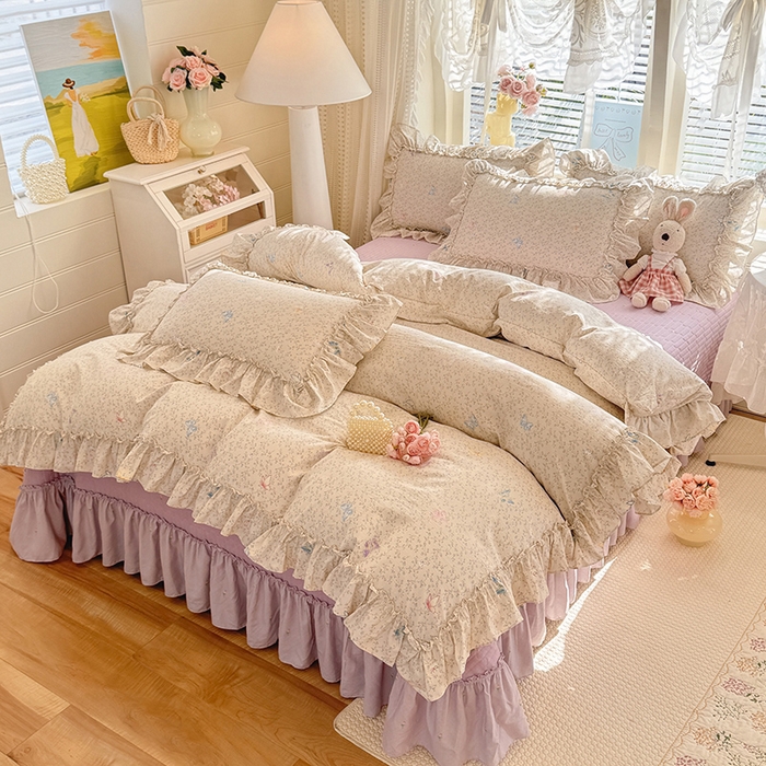 91家纺网 家纺一手货源 找家纺 韩约家纺 2026新款法式大花边古法棉感床盖四件套 紫妍