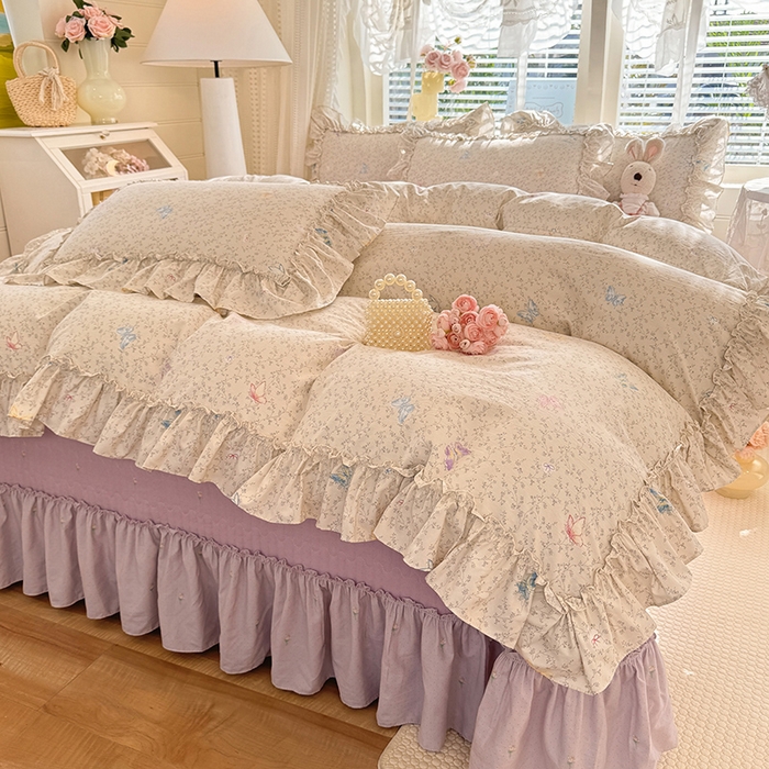 91家纺网 家纺一手货源 找家纺 韩约家纺 2026新款法式大花边古法棉感床盖四件套 紫妍