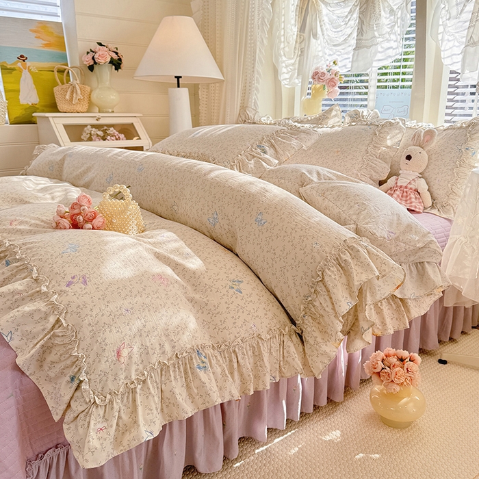 91家纺网 家纺一手货源 找家纺 韩约家纺 2026新款法式大花边古法棉感床盖四件套 紫妍