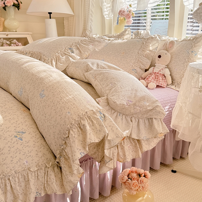 91家纺网 家纺一手货源 找家纺 韩约家纺 2026新款法式大花边古法棉感床盖四件套 紫妍