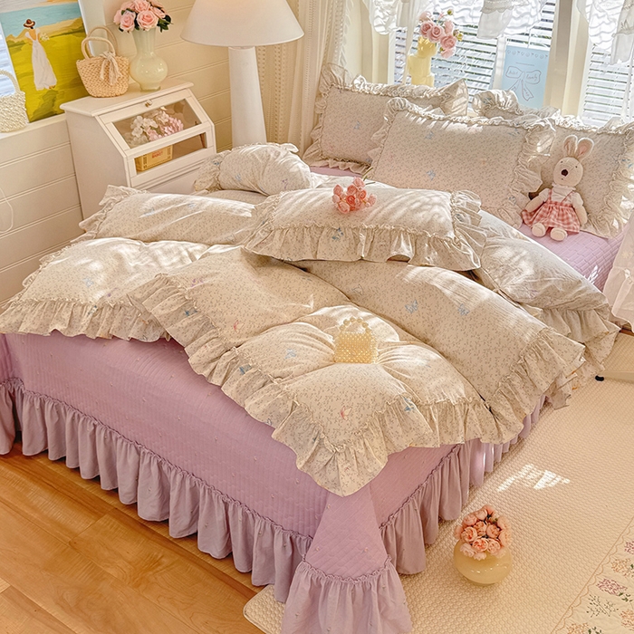 91家纺网 家纺一手货源 找家纺 韩约家纺 2026新款法式大花边古法棉感床盖四件套 紫妍