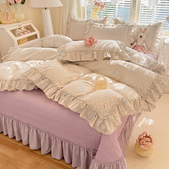 91家纺网 家纺一手货源 找家纺 韩约家纺 2026新款法式大花边古法棉感床盖四件套 紫妍