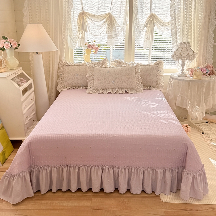 91家纺网 家纺一手货源 找家纺 韩约家纺 2026新款法式大花边古法棉感床盖四件套 紫妍