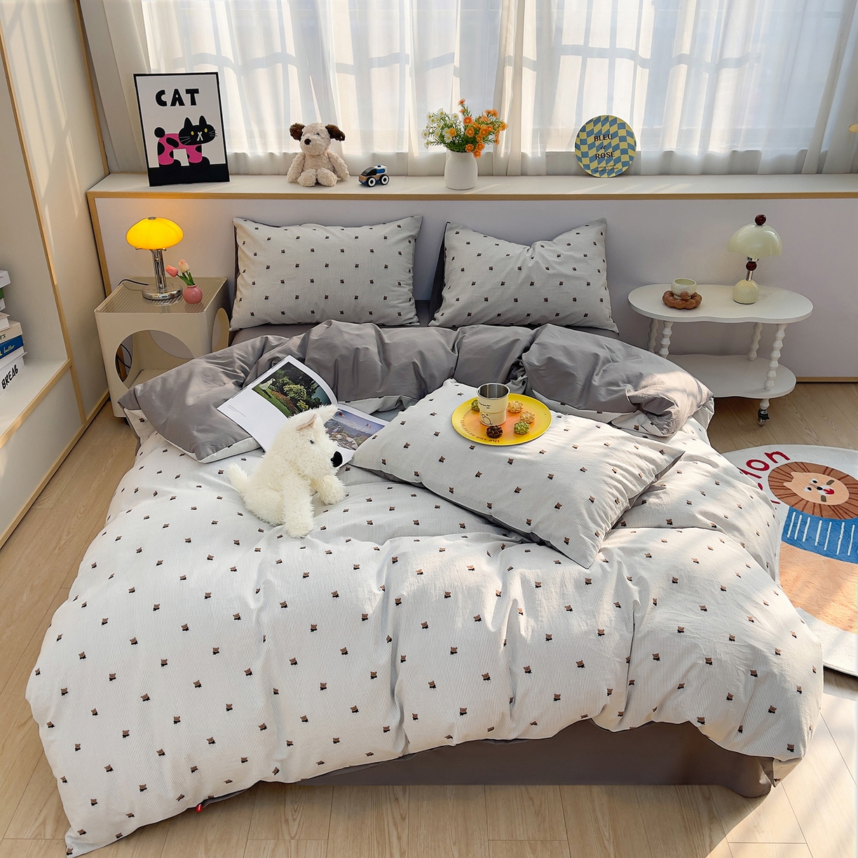 91家纺网 家纺一手货源 找家纺 （总）炫拼家纺 2026新款A类全棉60支色织提花剪花B版40支水洗棉四件套-米熊系列