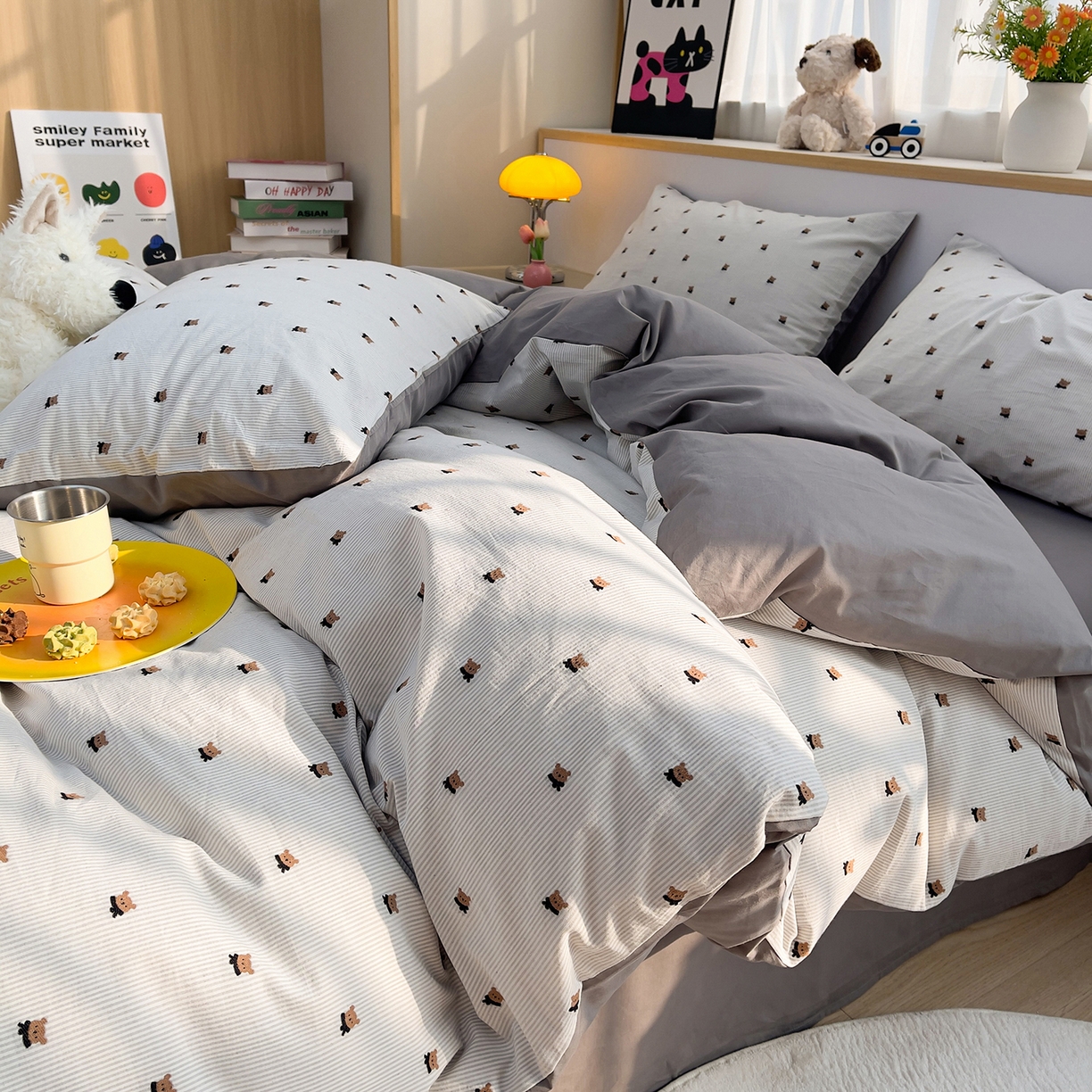 91家纺网 家纺一手货源 找家纺 （总）炫拼家纺 2026新款A类全棉60支色织提花剪花B版40支水洗棉四件套-米熊系列