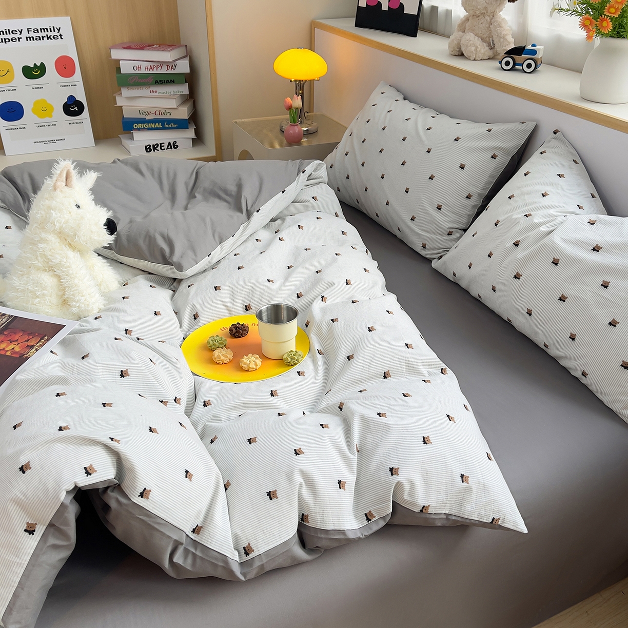 91家纺网 家纺一手货源 找家纺 （总）炫拼家纺 2026新款A类全棉60支色织提花剪花B版40支水洗棉四件套-米熊系列