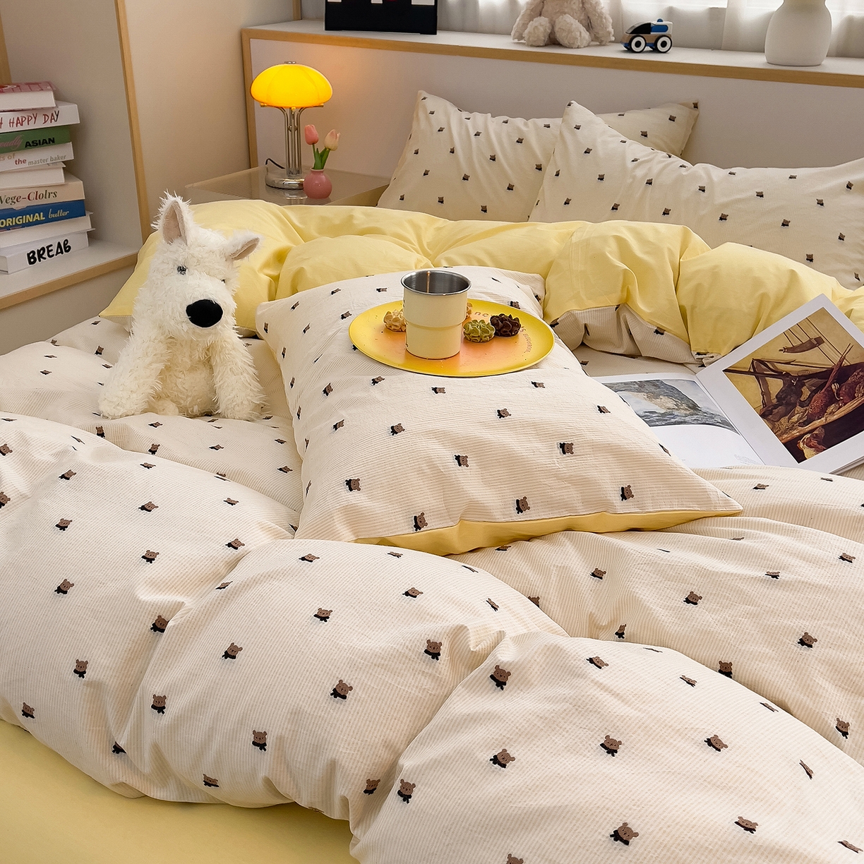 91家纺网 家纺一手货源 找家纺 （总）炫拼家纺 2026新款A类全棉60支色织提花剪花B版40支水洗棉四件套-米熊系列