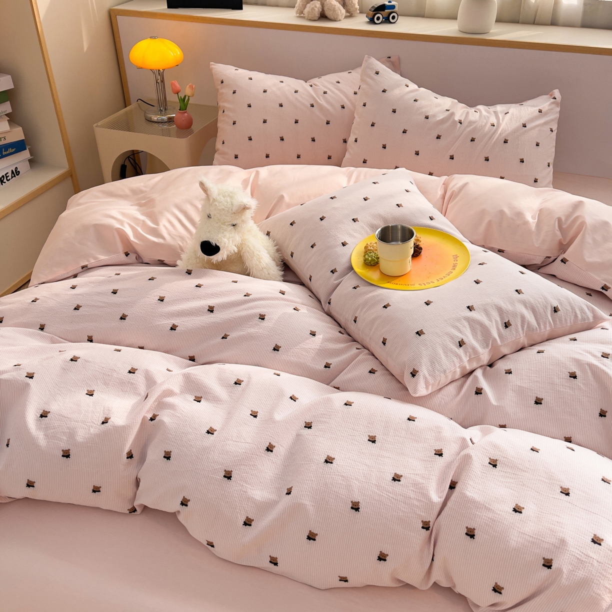 91家纺网 家纺一手货源 找家纺 （总）炫拼家纺 2026新款A类全棉60支色织提花剪花B版40支水洗棉四件套-米熊系列