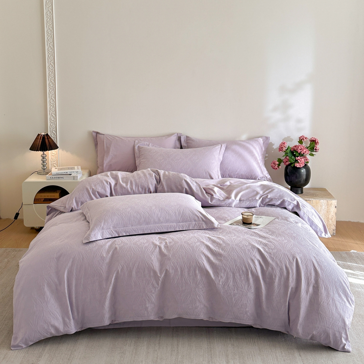 91家纺网 家纺一手货源 找家纺 格里芬家纺 2026新款全棉水洗立体浮雕提花纯棉四件套 恩特斯大-丁香紫