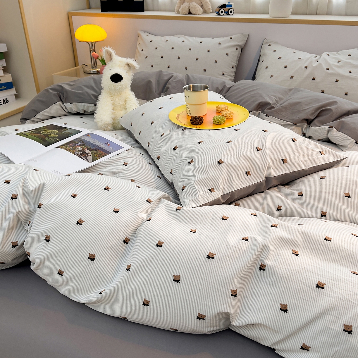 炫拼家纺 2026新款A类全棉60支色织提花剪花B版40支水洗棉四件套-米熊系列 米熊-雅灰