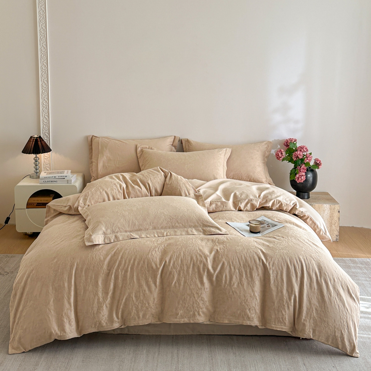 91家纺网 家纺一手货源 找家纺 格里芬家纺 2026新款全棉水洗立体浮雕提花纯棉四件套 花香韵美-米杏