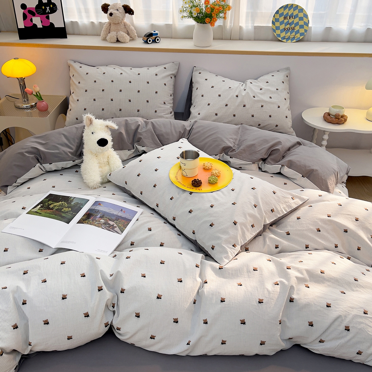 91家纺网 家纺一手货源 找家纺 炫拼家纺 2026新款A类全棉60支色织提花剪花B版40支水洗棉四件套-米熊系列 米熊-雅灰