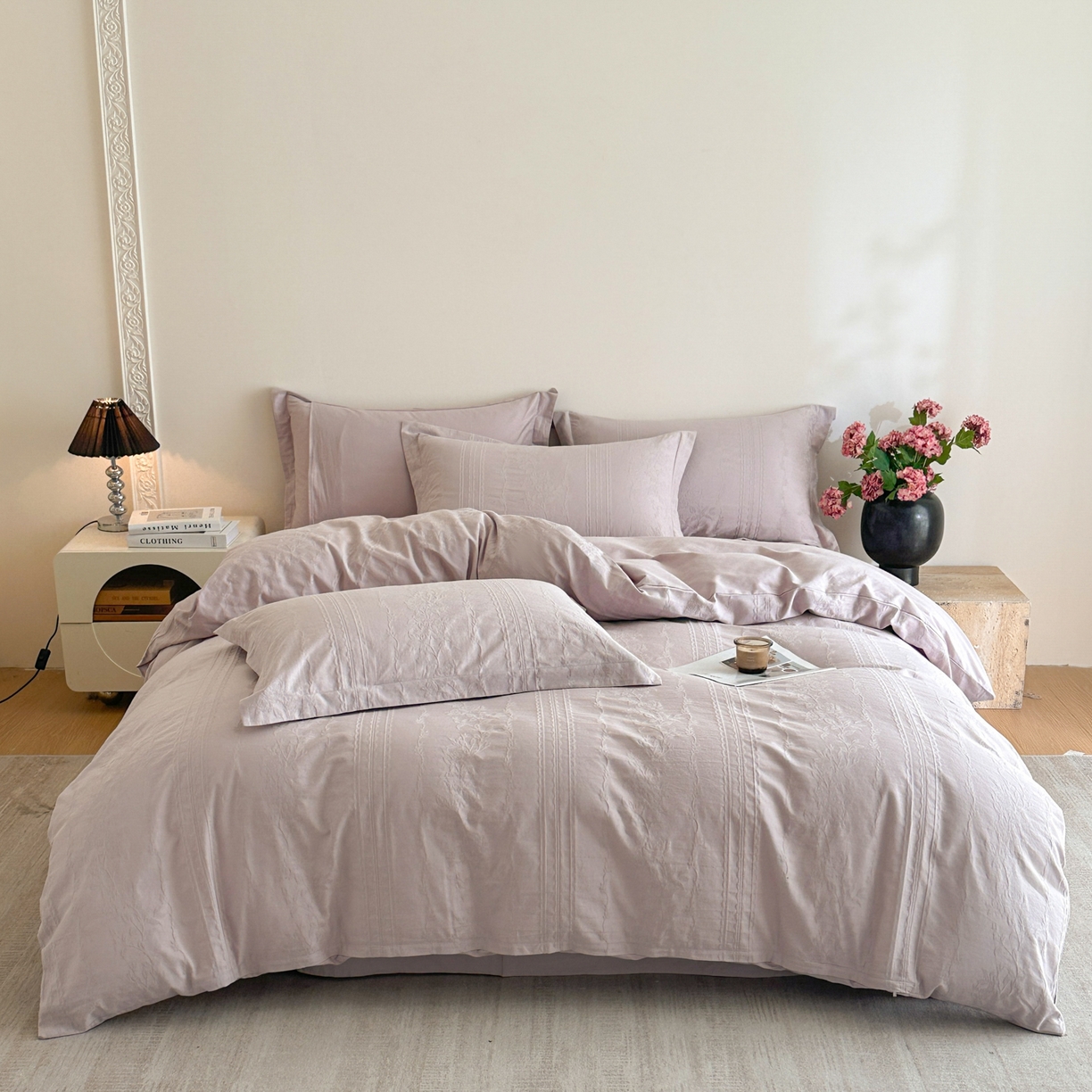 91家纺网 家纺一手货源 找家纺 格里芬家纺 2026新款全棉水洗立体浮雕提花纯棉四件套 花漾甜心-淡雅紫