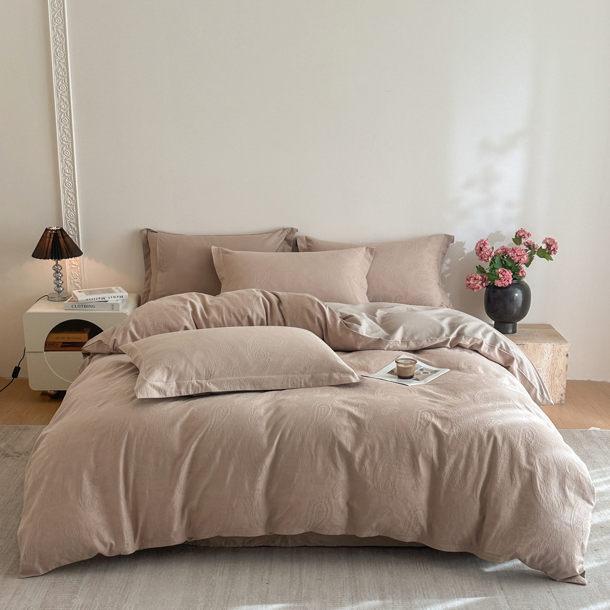 91家纺网 家纺一手货源 找家纺 格里芬家纺 2026新款全棉水洗立体浮雕提花纯棉四件套 腰果素绘-金属灰