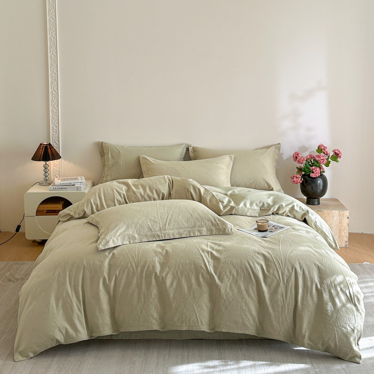 91家纺网 家纺一手货源 找家纺 格里芬家纺 2026新款全棉水洗立体浮雕提花纯棉四件套 焦野-奶绿