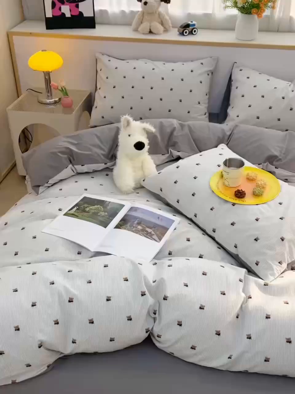 91家纺网 家纺一手货源 找家纺 炫拼家纺 2026新款A类全棉60支色织提花剪花B版40支水洗棉四件套-米熊系列 米熊-雅灰