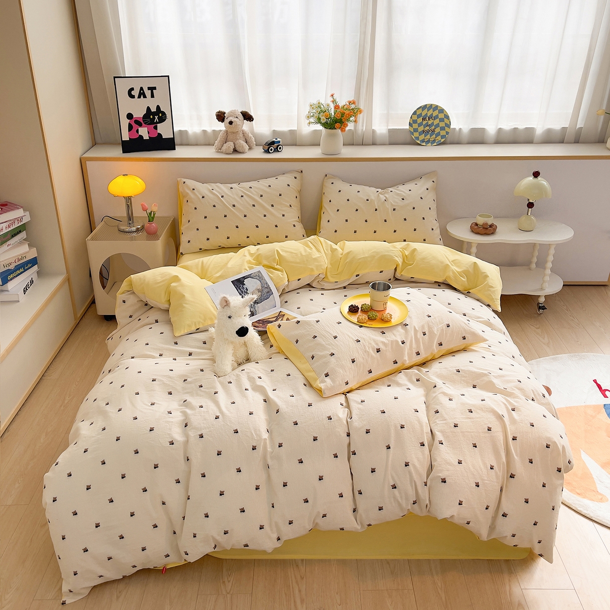 91家纺网 家纺一手货源 找家纺 炫拼家纺 2026新款A类全棉60支色织提花剪花B版40支水洗棉四件套-米熊系列 米熊-靓黄