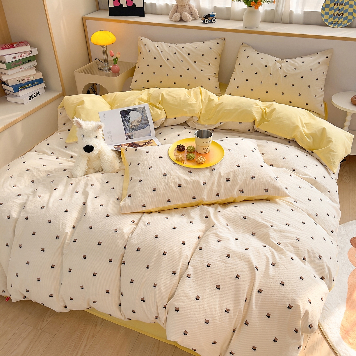 91家纺网 家纺一手货源 找家纺 炫拼家纺 2026新款A类全棉60支色织提花剪花B版40支水洗棉四件套-米熊系列 米熊-靓黄