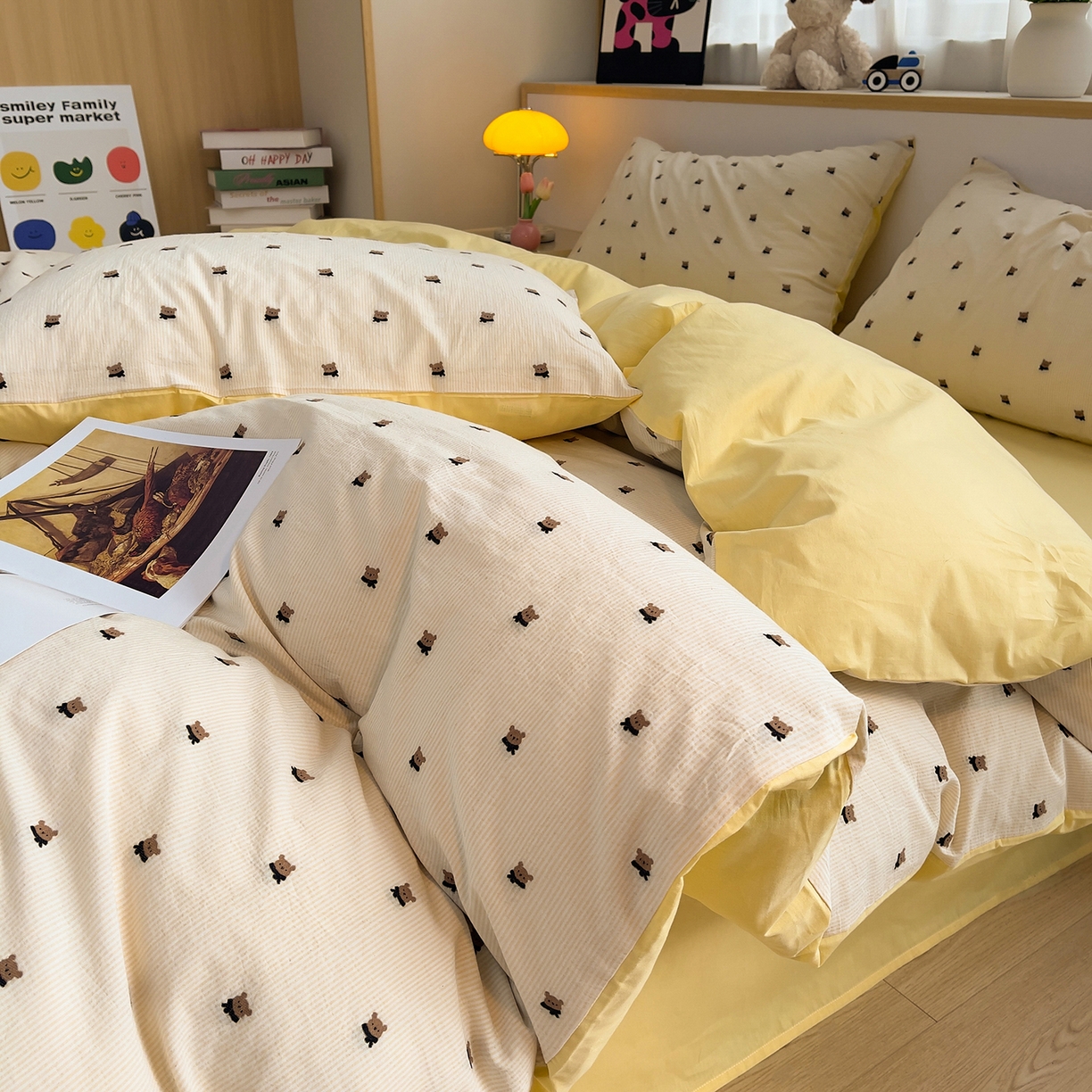 91家纺网 家纺一手货源 找家纺 炫拼家纺 2026新款A类全棉60支色织提花剪花B版40支水洗棉四件套-米熊系列 米熊-靓黄