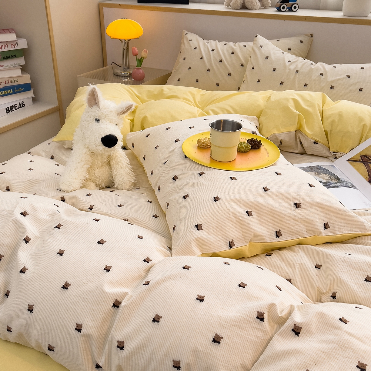 91家纺网 家纺一手货源 找家纺 炫拼家纺 2026新款A类全棉60支色织提花剪花B版40支水洗棉四件套-米熊系列 米熊-靓黄