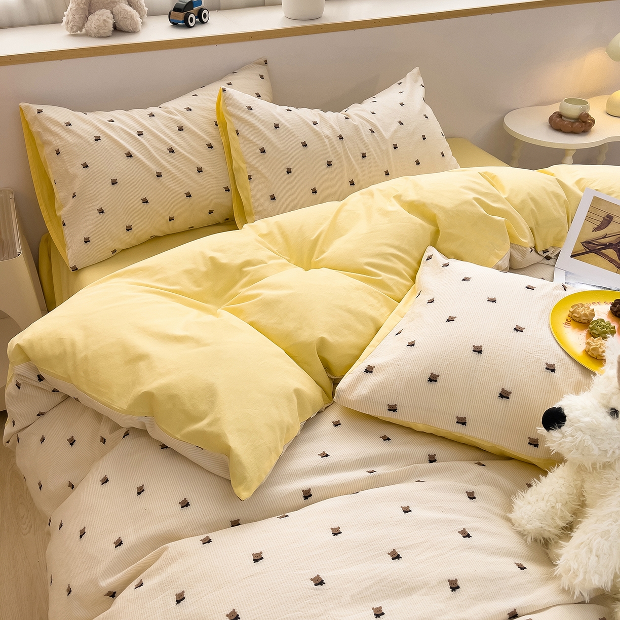 91家纺网 家纺一手货源 找家纺 炫拼家纺 2026新款A类全棉60支色织提花剪花B版40支水洗棉四件套-米熊系列 米熊-靓黄