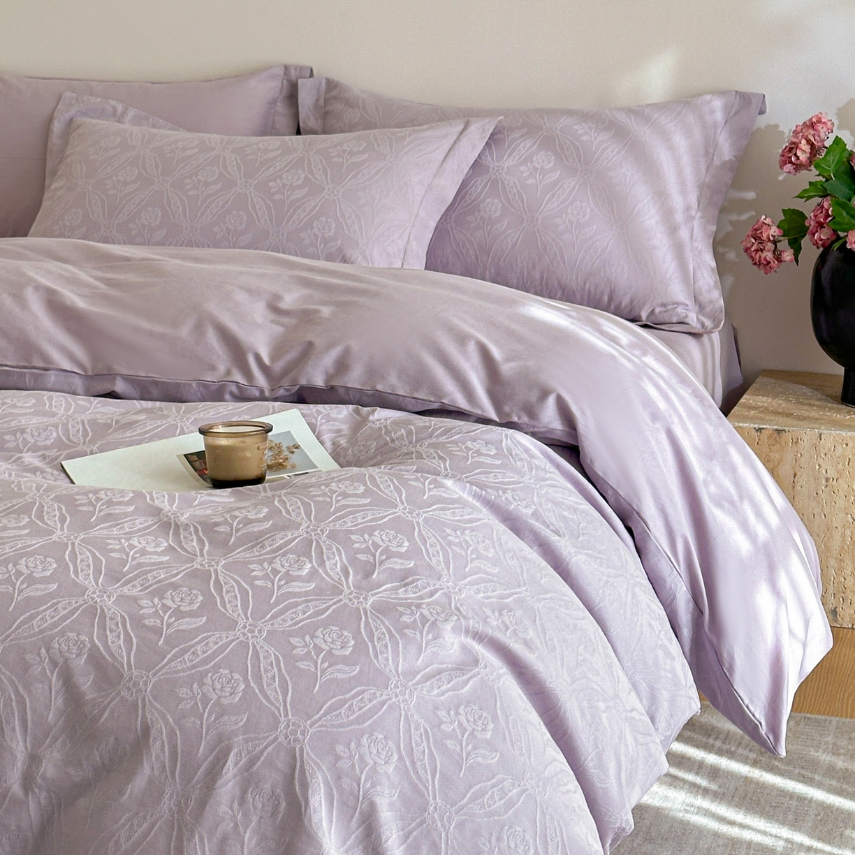91家纺网 家纺一手货源 找家纺 格里芬家纺 2026新款全棉水洗立体浮雕提花纯棉四件套 恩特斯大-丁香紫
