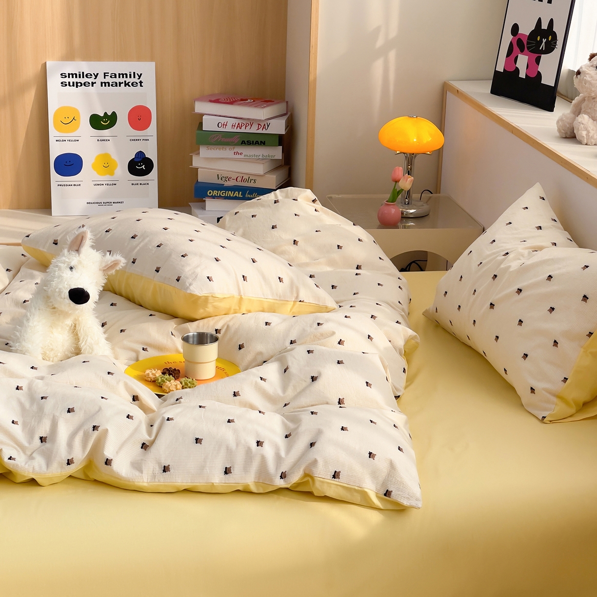 91家纺网 家纺一手货源 找家纺 炫拼家纺 2026新款A类全棉60支色织提花剪花B版40支水洗棉四件套-米熊系列 米熊-靓黄