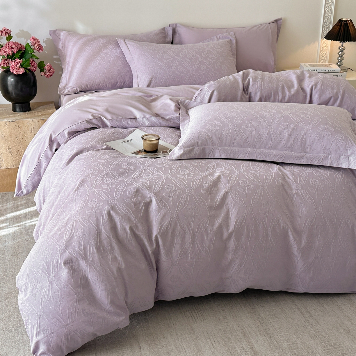 91家纺网 家纺一手货源 找家纺 格里芬家纺 2026新款全棉水洗立体浮雕提花纯棉四件套 恩特斯大-丁香紫