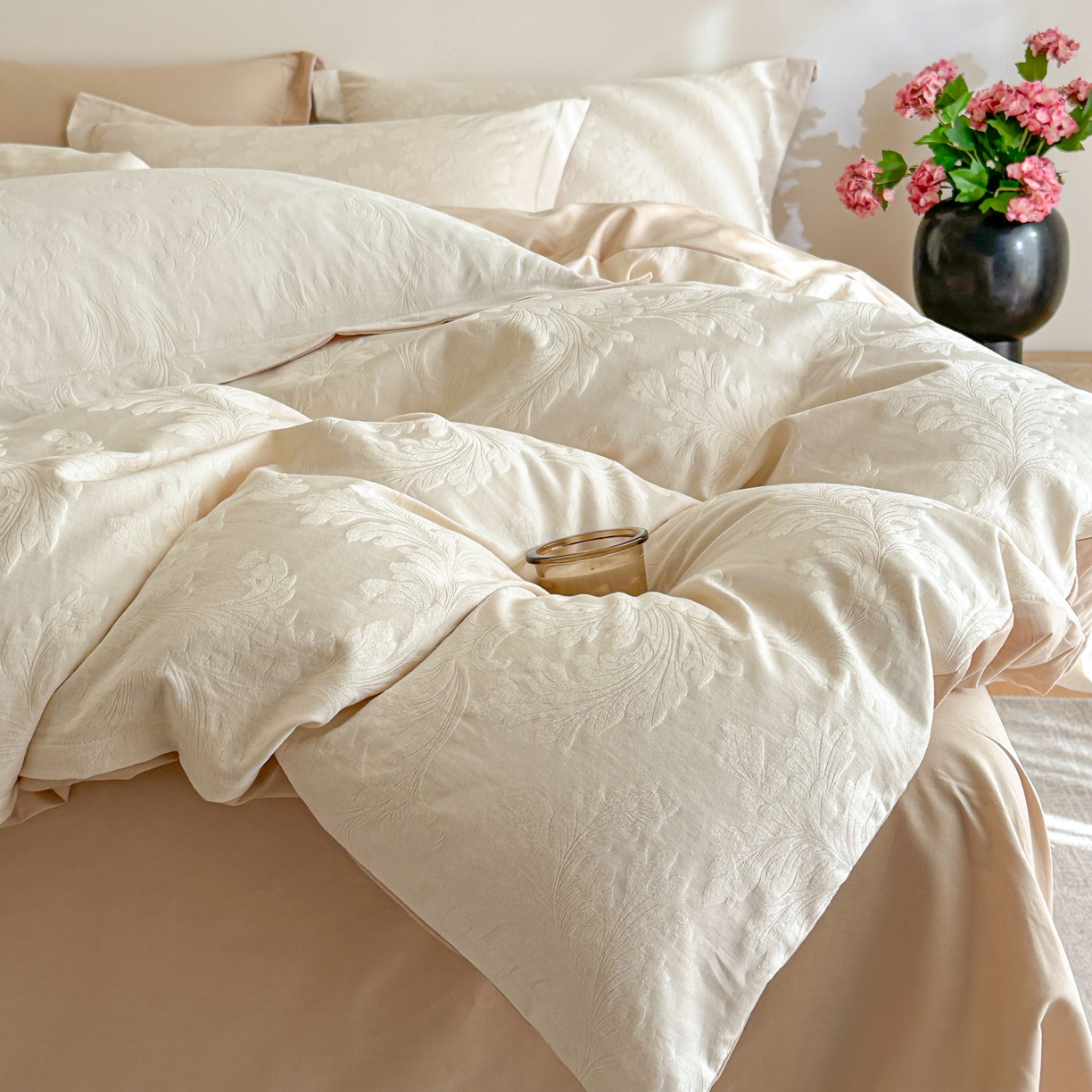 91家纺网 家纺一手货源 找家纺 格里芬家纺 2026新款全棉水洗立体浮雕提花纯棉四件套 柔风香草-奶昔白