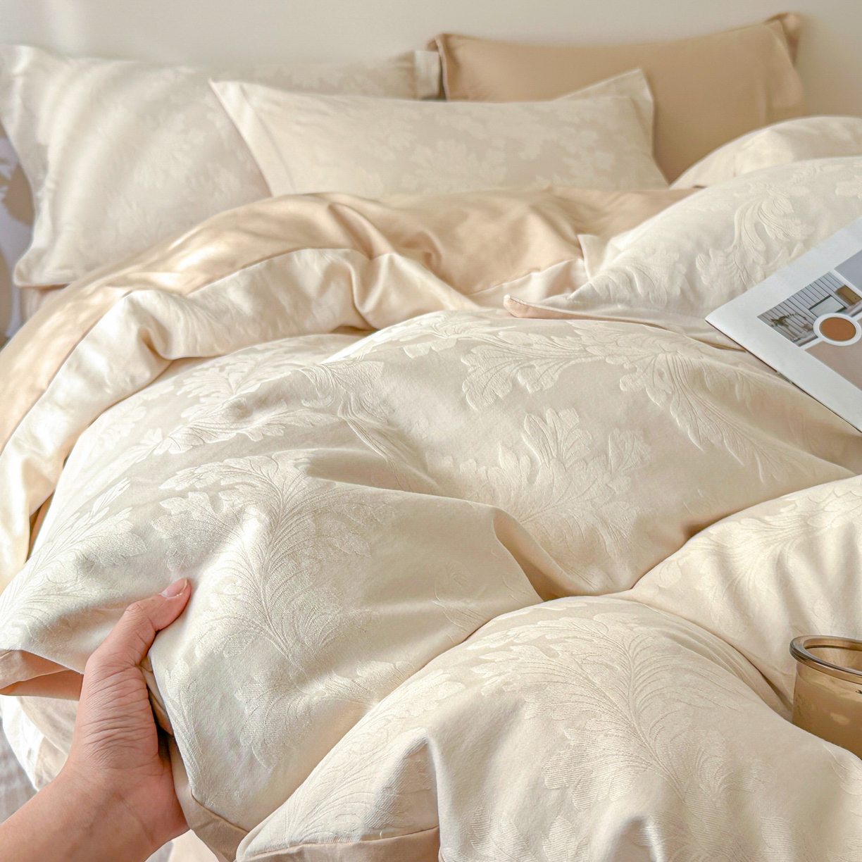 91家纺网 家纺一手货源 找家纺 格里芬家纺 2026新款全棉水洗立体浮雕提花纯棉四件套 柔风香草-奶昔白