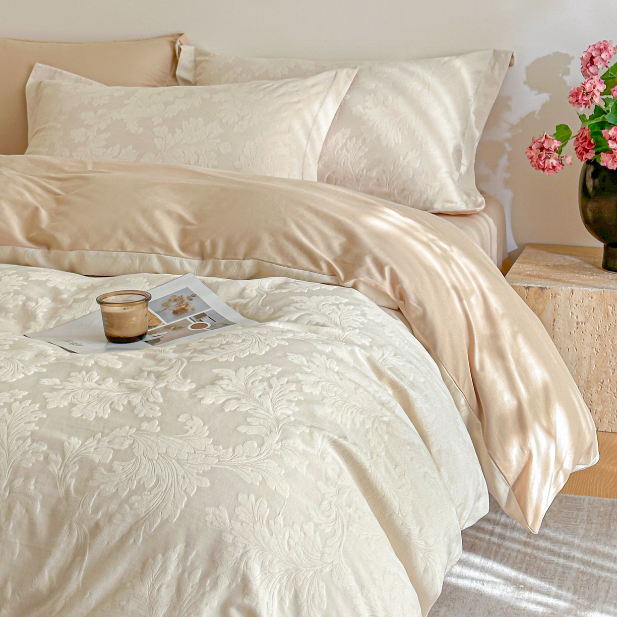 91家纺网 家纺一手货源 找家纺 格里芬家纺 2026新款全棉水洗立体浮雕提花纯棉四件套 柔风香草-奶昔白