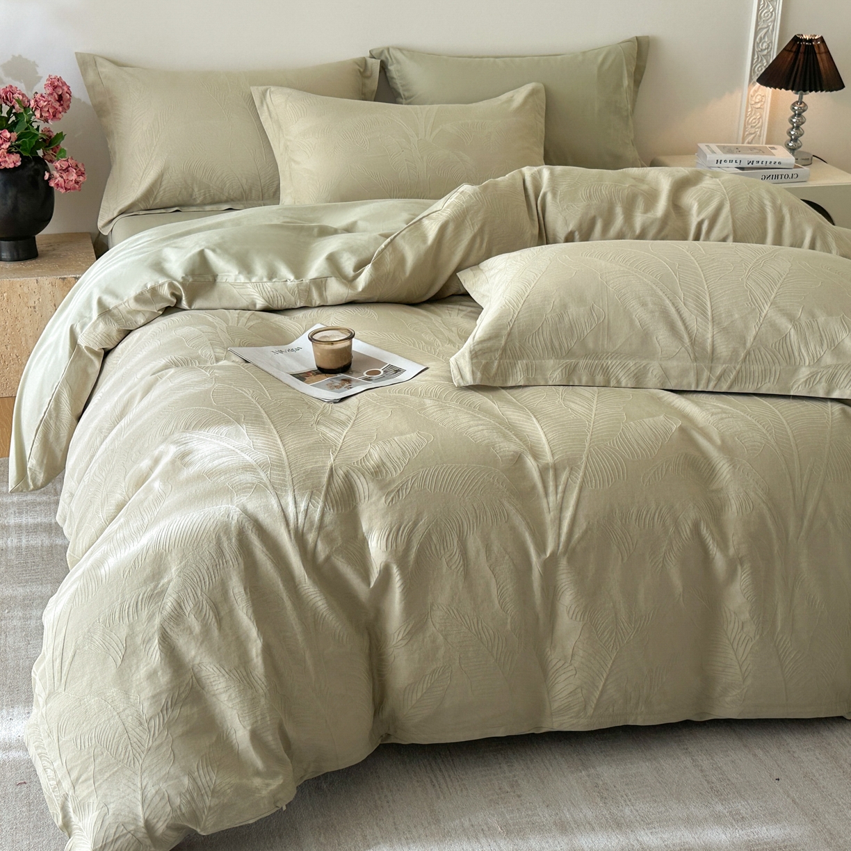 91家纺网 家纺一手货源 找家纺 格里芬家纺 2026新款全棉水洗立体浮雕提花纯棉四件套 焦野-奶绿