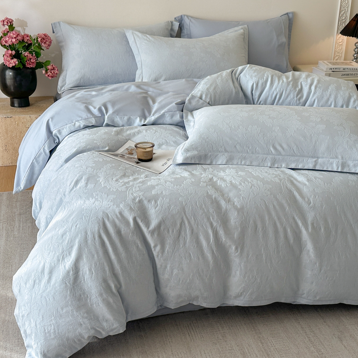 91家纺网 家纺一手货源 找家纺 格里芬家纺 2026新款全棉水洗立体浮雕提花纯棉四件套 柔风香草-云水蓝