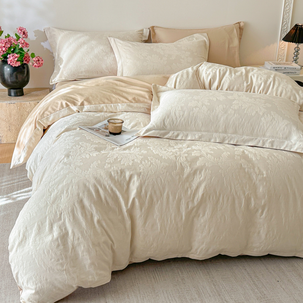 91家纺网 家纺一手货源 找家纺 格里芬家纺 2026新款全棉水洗立体浮雕提花纯棉四件套 柔风香草-奶昔白