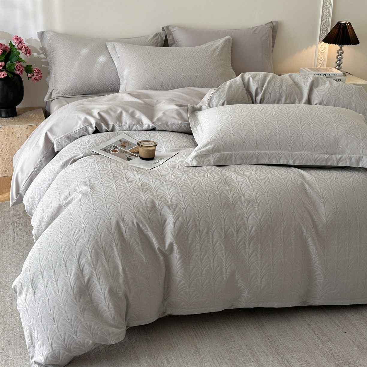 91家纺网 家纺一手货源 找家纺 格里芬家纺 2026新款全棉水洗立体浮雕提花纯棉四件套 伊贝斯-银灰