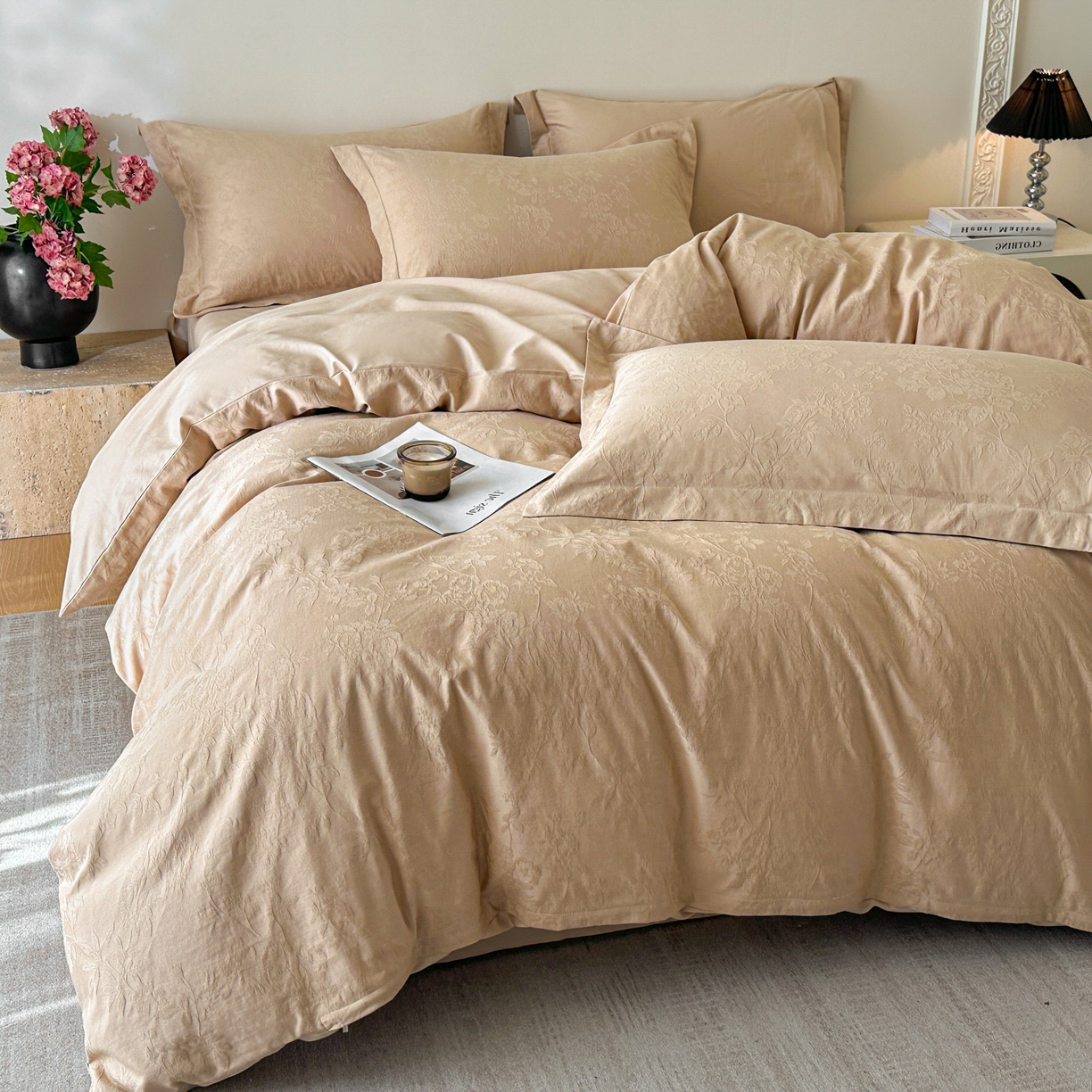 91家纺网 家纺一手货源 找家纺 格里芬家纺 2026新款全棉水洗立体浮雕提花纯棉四件套 花香韵美-米杏