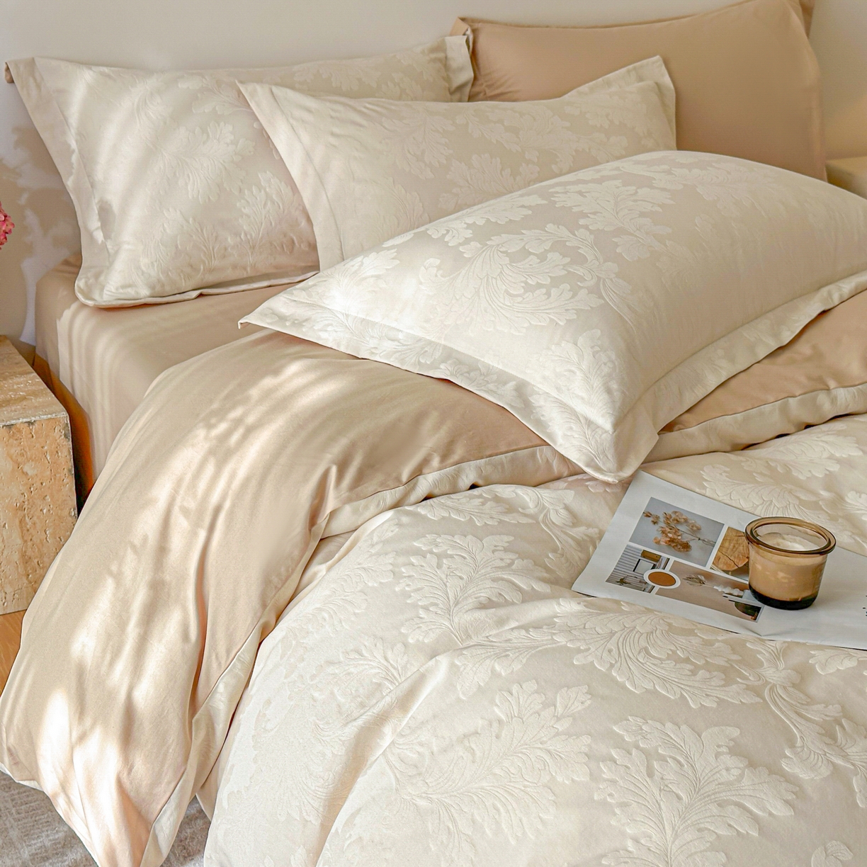 91家纺网 家纺一手货源 找家纺 格里芬家纺 2026新款全棉水洗立体浮雕提花纯棉四件套 柔风香草-奶昔白